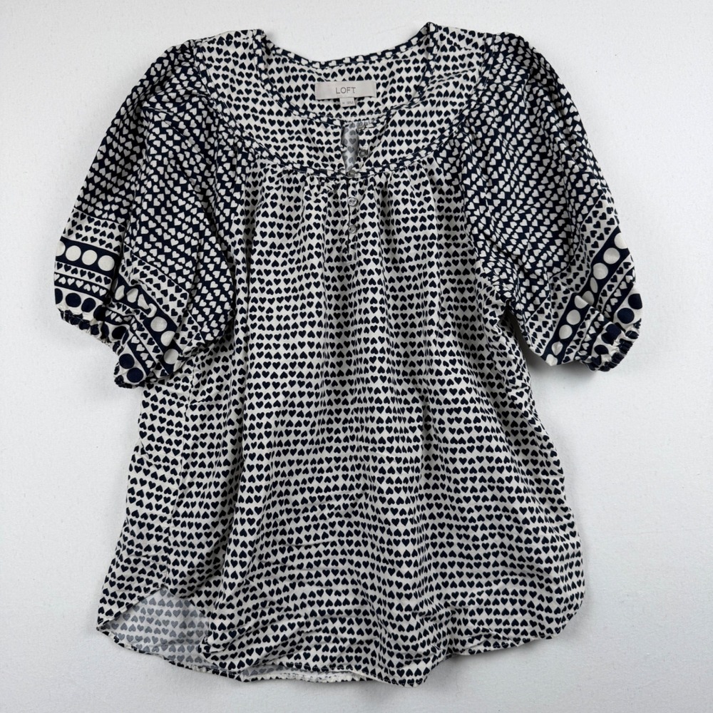 Loft Navy Blue White Heart Print Puff Sleeve Blouse Top Medium